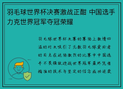 羽毛球世界杯决赛激战正酣 中国选手力克世界冠军夺冠荣耀