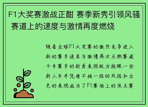 F1大奖赛激战正酣 赛季新秀引领风骚 赛道上的速度与激情再度燃烧